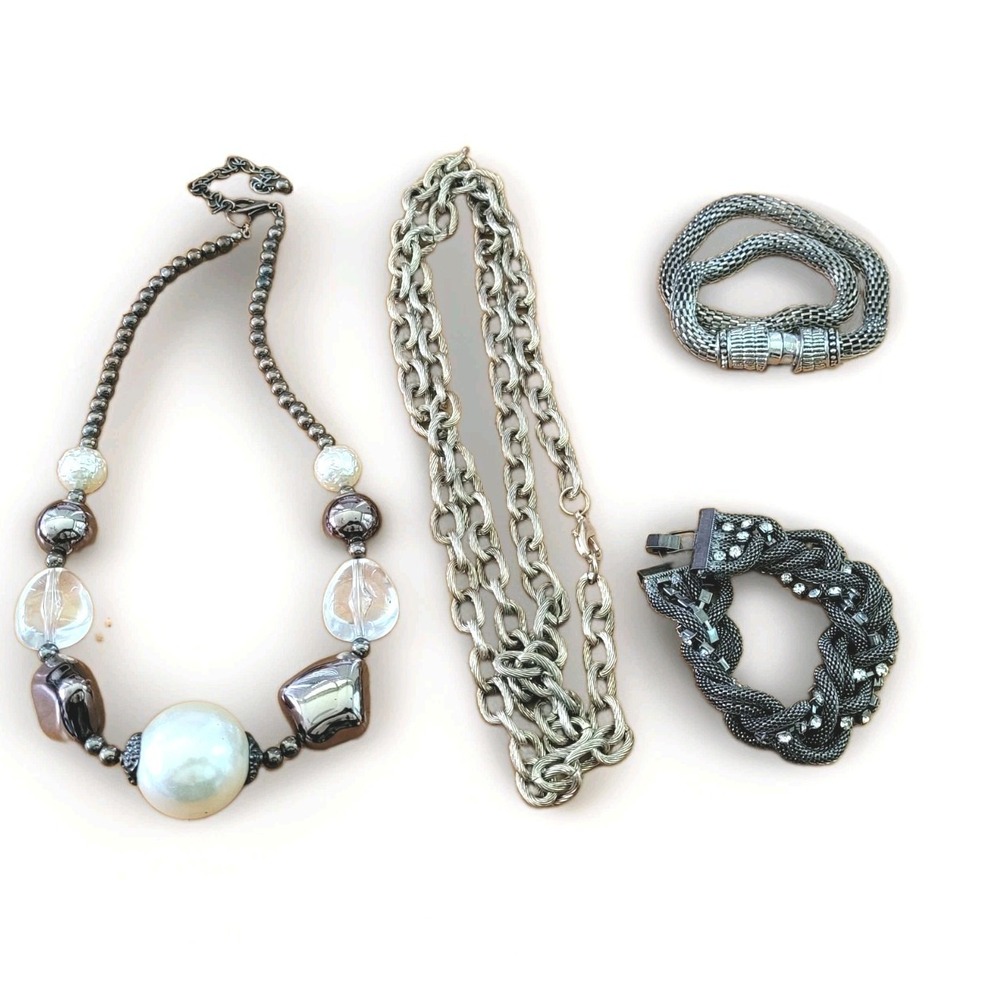 Vtg Gunmetal Woven Mesh Tube Necklace Rhinestone Bracelet Set Lot of 4